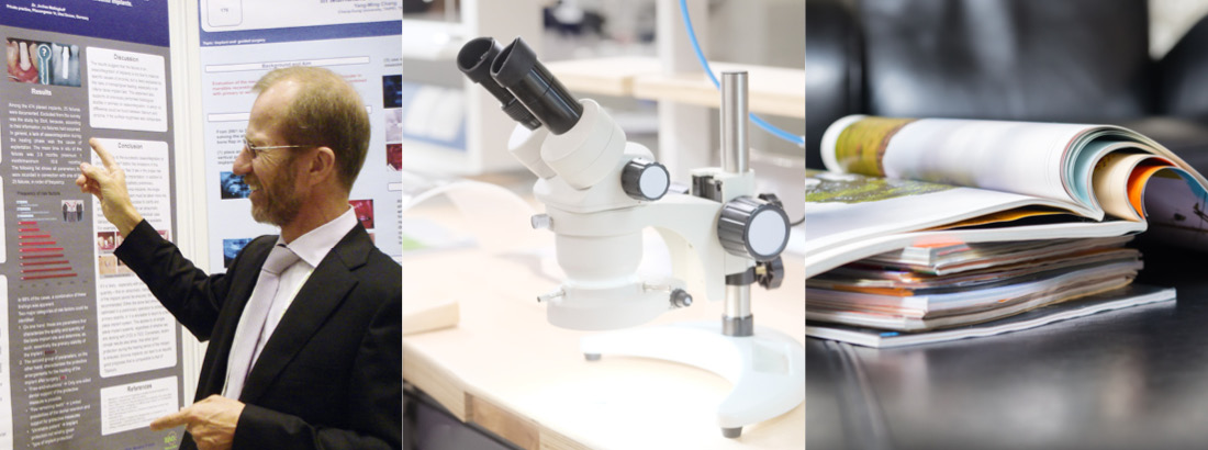 Bildcollage aus der Zahnmedizin-Wissenschaft mit einer Kongress-Situation, mit einem Mikroskop und mit einem Stapel von Fachzeitschriften.